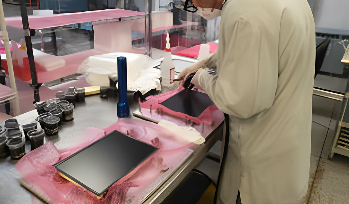 A man in a lab coat working on a tablet and some Chinese display imports.
