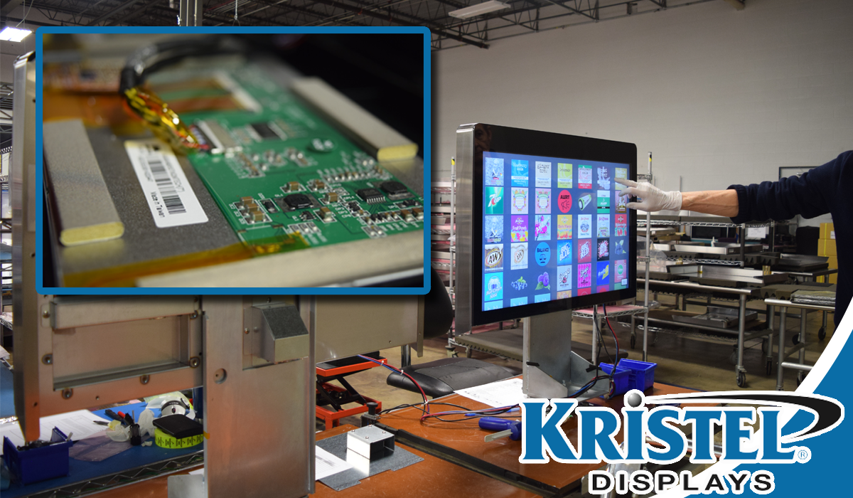 A kiosk in a manufacturing factory. Advanced touch screens and innovative display technology.